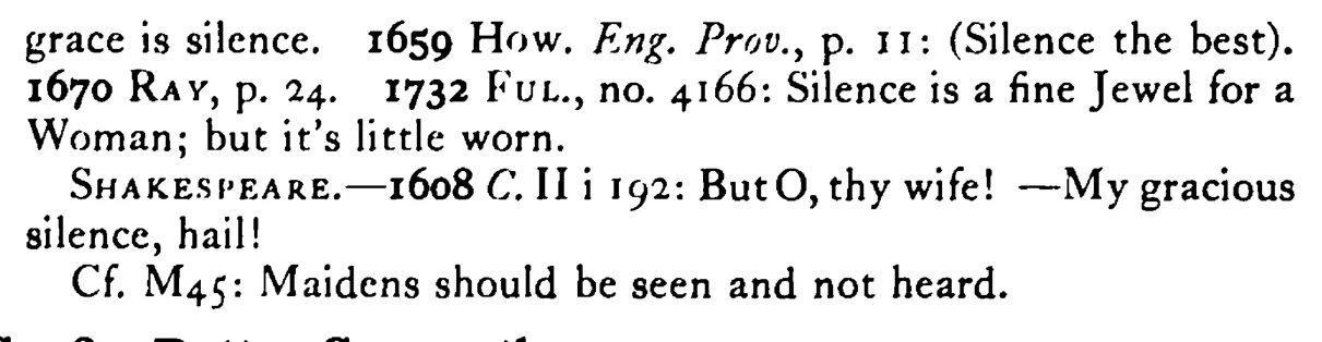 SILENCE is the best ornament of a woman - a scanned entry from Tilley's 1950 Dictionary of Proverbs. (continuation)