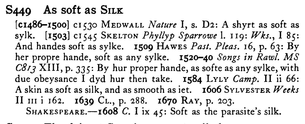 As soft as SILK - a scanned entry from Tilley's 1950 Dictionary of Proverbs.