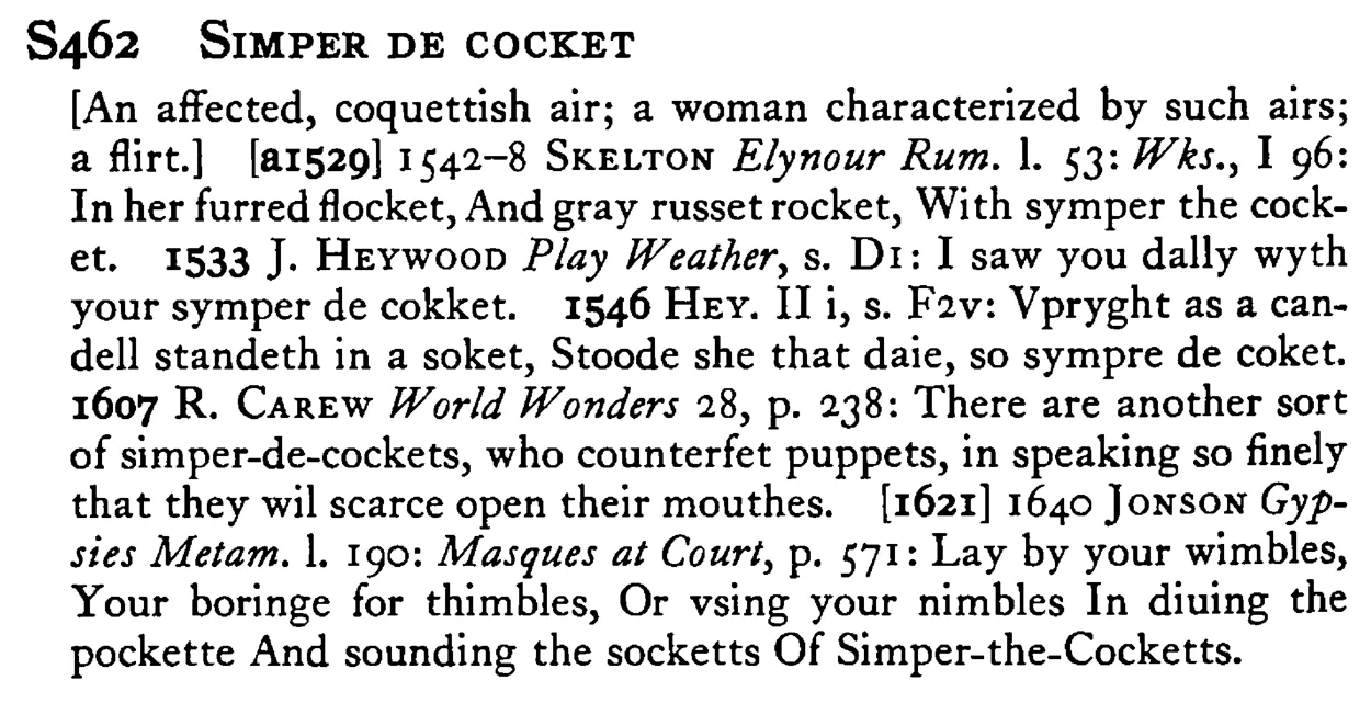 SIMPER DE COCKET - a scanned entry from Tilley's 1950 Dictionary of Proverbs.