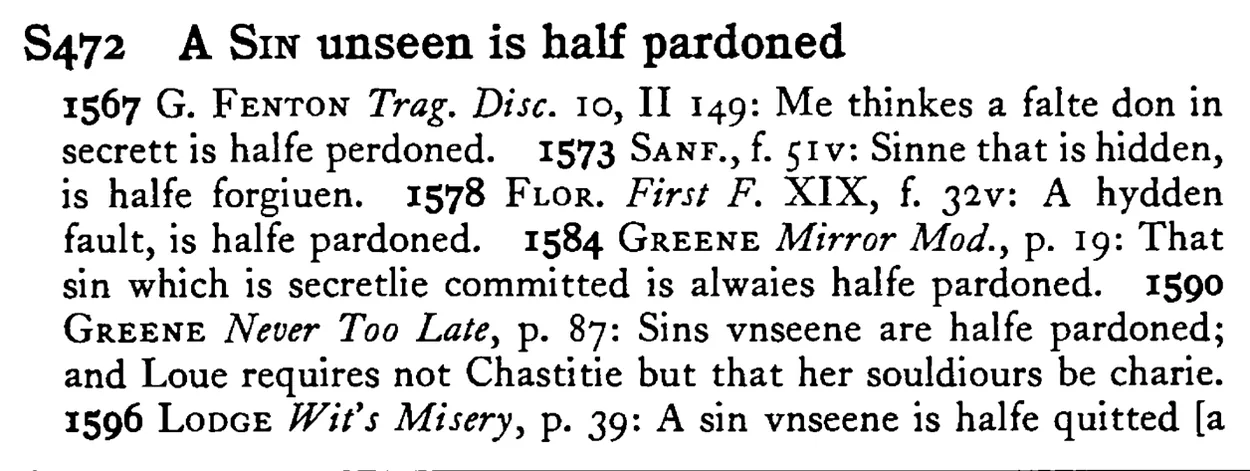 A SIN unseen is half pardoned - a scanned entry from Tilley's 1950 Dictionary of Proverbs.
