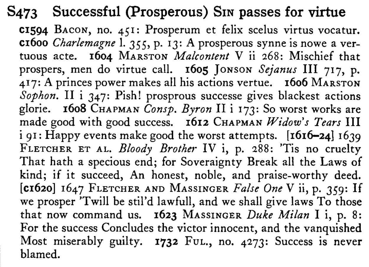 Successful (Prosperous) SIN passes for virtue - a scanned entry from Tilley's 1950 Dictionary of Proverbs.