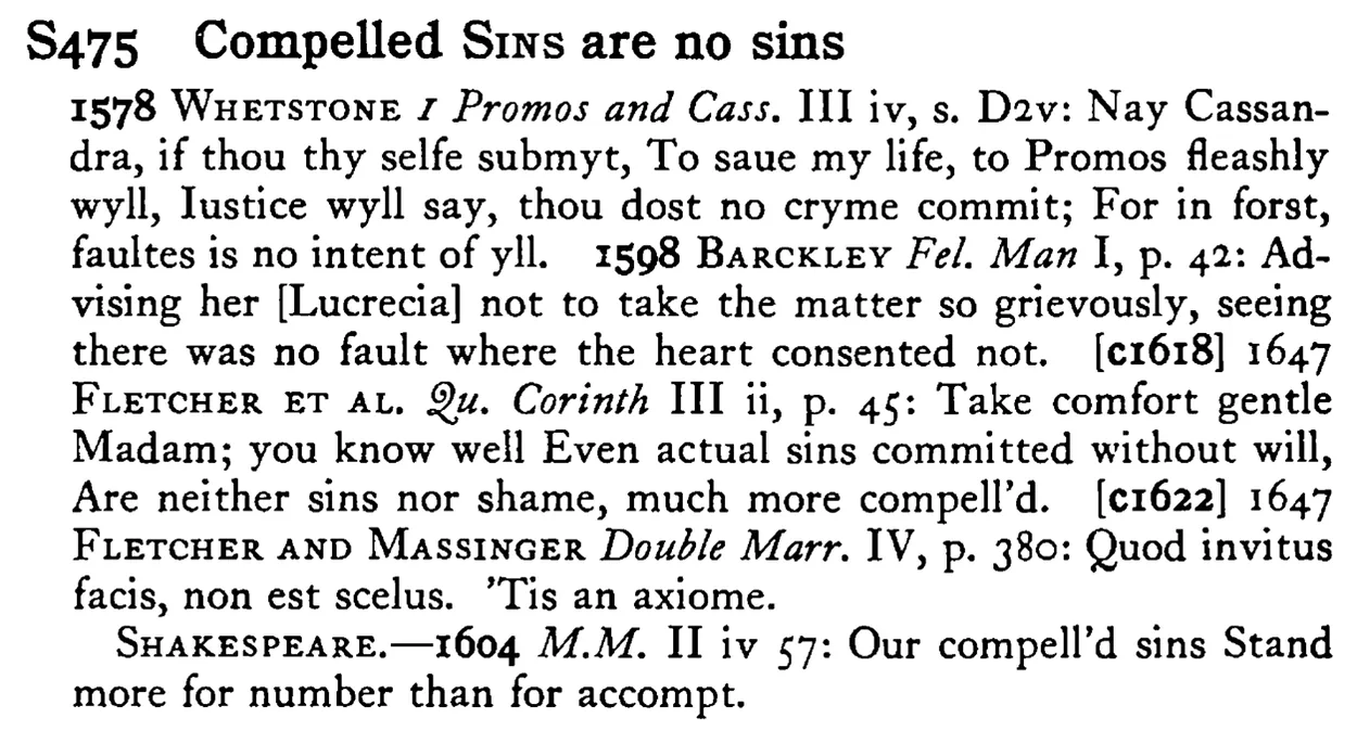 Compelled SINS are no sins - a scanned entry from Tilley's 1950 Dictionary of Proverbs.