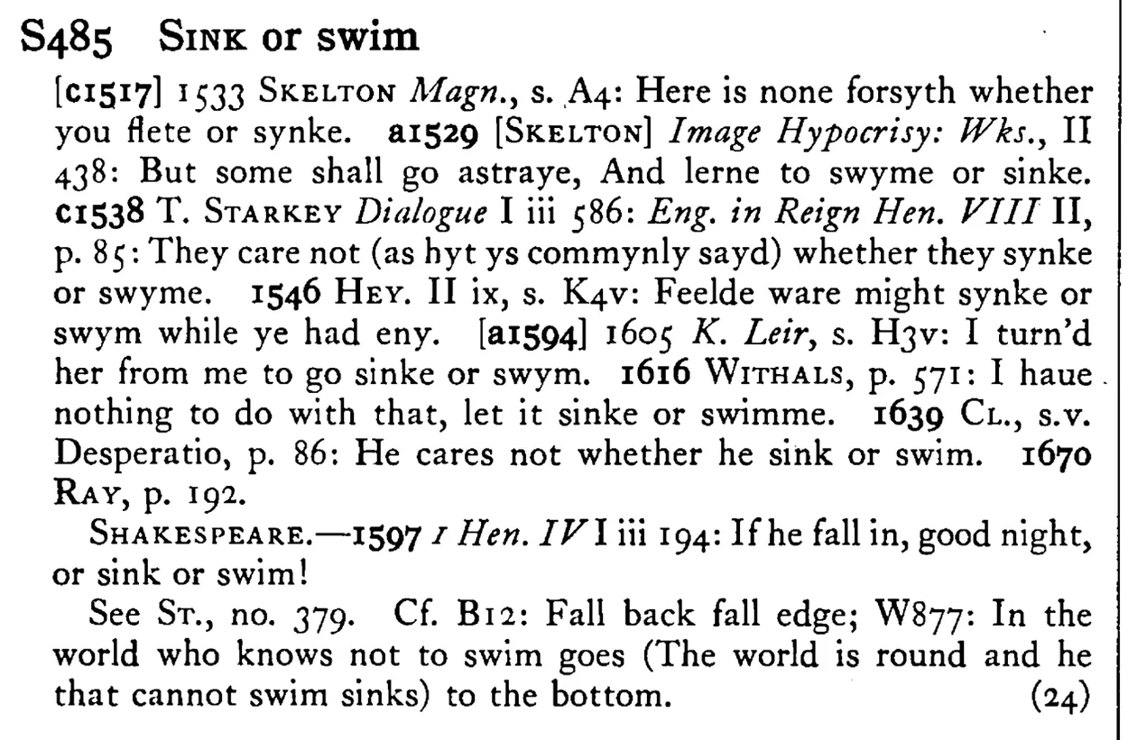 SINK or swim - a scanned entry from Tilley's 1950 Dictionary of Proverbs.
