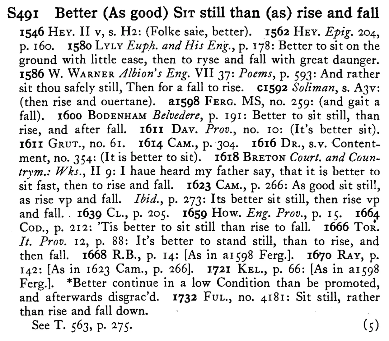 Better (As good) SIT still than (as) rise and fall - a scanned entry from Tilley's 1950 Dictionary of Proverbs.