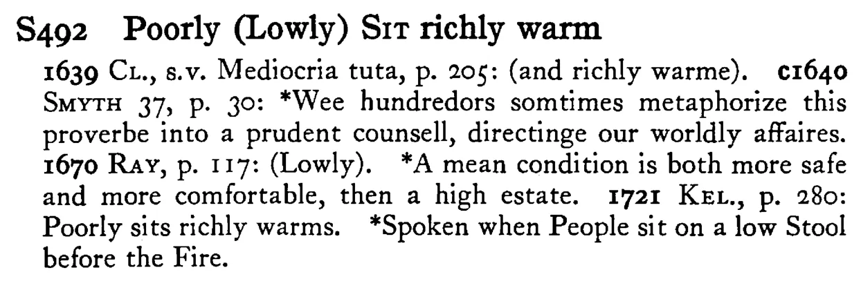 Poorly (Lowly) SIT richly warm - a scanned entry from Tilley's 1950 Dictionary of Proverbs.