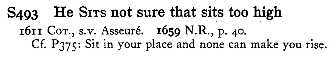He SITS not sure that sits too high - a scanned entry from Tilley's 1950 Dictionary of Proverbs.