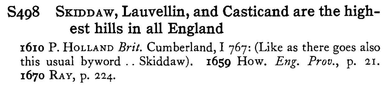 SKIDDAW, Lauvellin, and Casticand are the highest hills in all England - a scanned entry from Tilley's 1950 Dictionary of Proverbs.