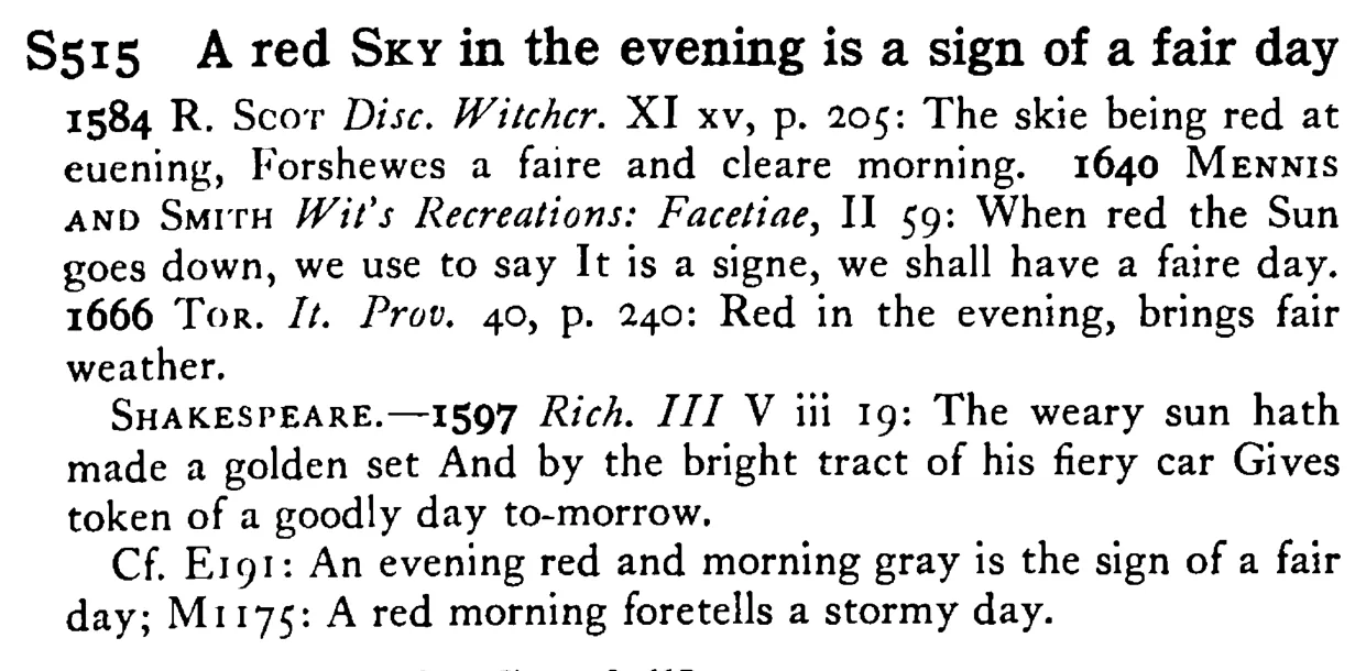 A red SKY in the evening is a sign of a fair day - a scanned entry from Tilley's 1950 Dictionary of Proverbs.