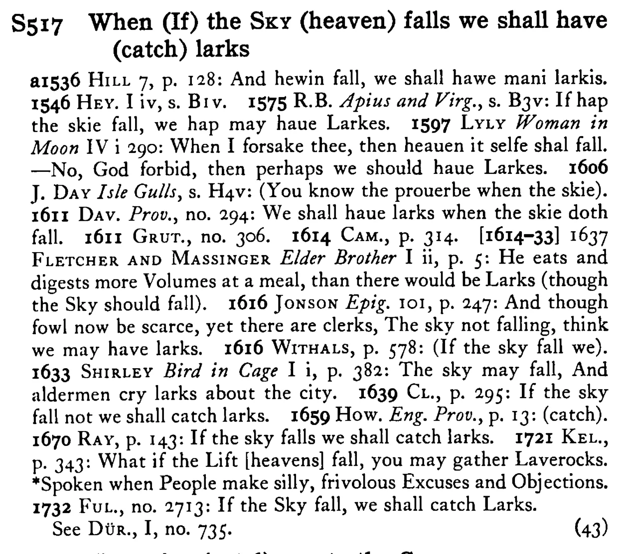 When (If) the SKY (heaven) falls we shall have (catch) larks - a scanned entry from Tilley's 1950 Dictionary of Proverbs.