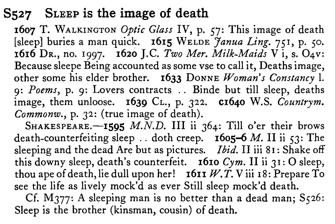 SLEEP is the image of death - a scanned entry from Tilley's 1950 Dictionary of Proverbs.