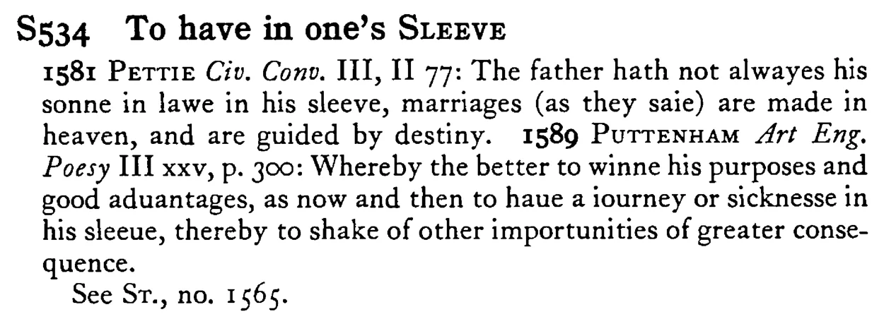 To have in one's SLEEVE - a scanned entry from Tilley's 1950 Dictionary of Proverbs.
