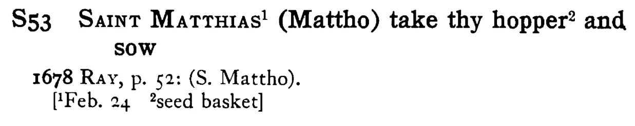 SAINT MATTHIAS¹ (Mattho) take thy hopper² and sow - a scanned entry from Tilley's 1950 Dictionary of Proverbs.