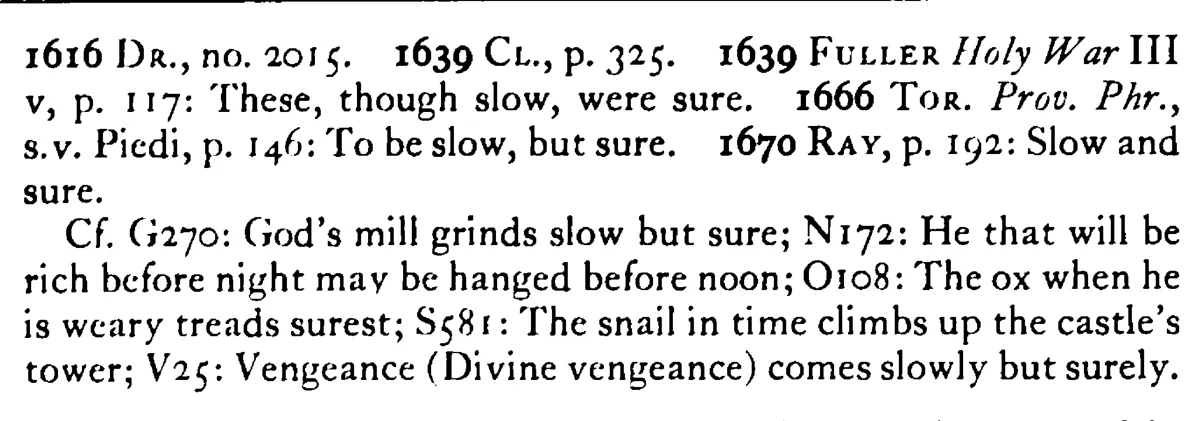 SLOW but sure - a scanned entry from Tilley's 1950 Dictionary of Proverbs. (continuation)