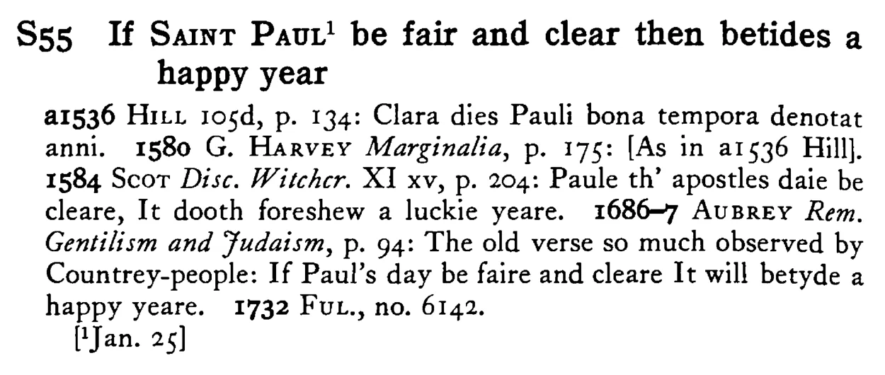If SAINT PAUL¹ be fair and clear then betides a happy year - a scanned entry from Tilley's 1950 Dictionary of Proverbs.