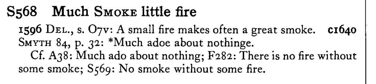 Much SMOKE little fire - a scanned entry from Tilley's 1950 Dictionary of Proverbs.