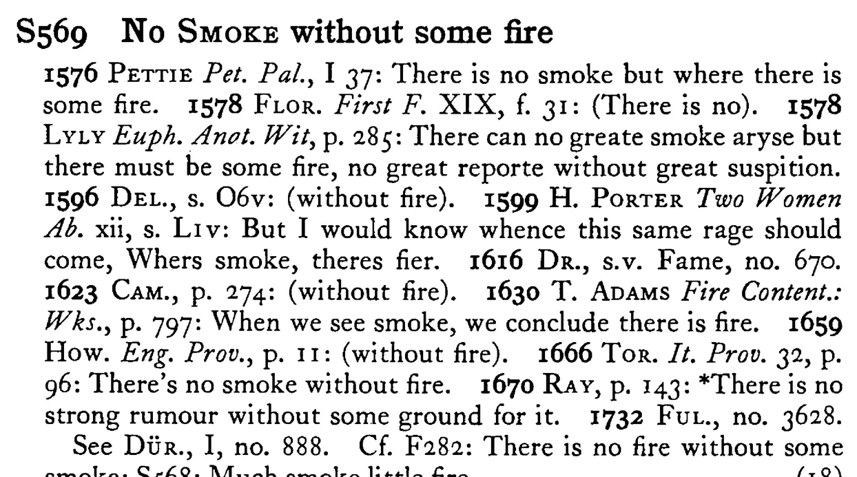 No SMOKE without some fire - a scanned entry from Tilley's 1950 Dictionary of Proverbs.