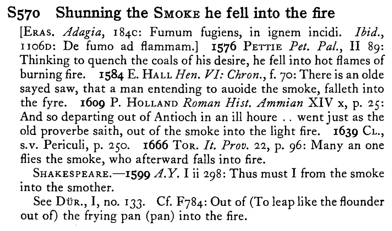 Shunning the SMOKE he fell into the fire - a scanned entry from Tilley's 1950 Dictionary of Proverbs.