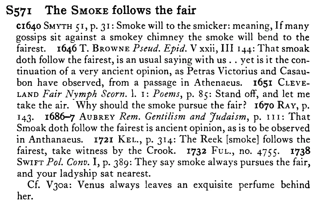 The SMOKE follows the fair - a scanned entry from Tilley's 1950 Dictionary of Proverbs.