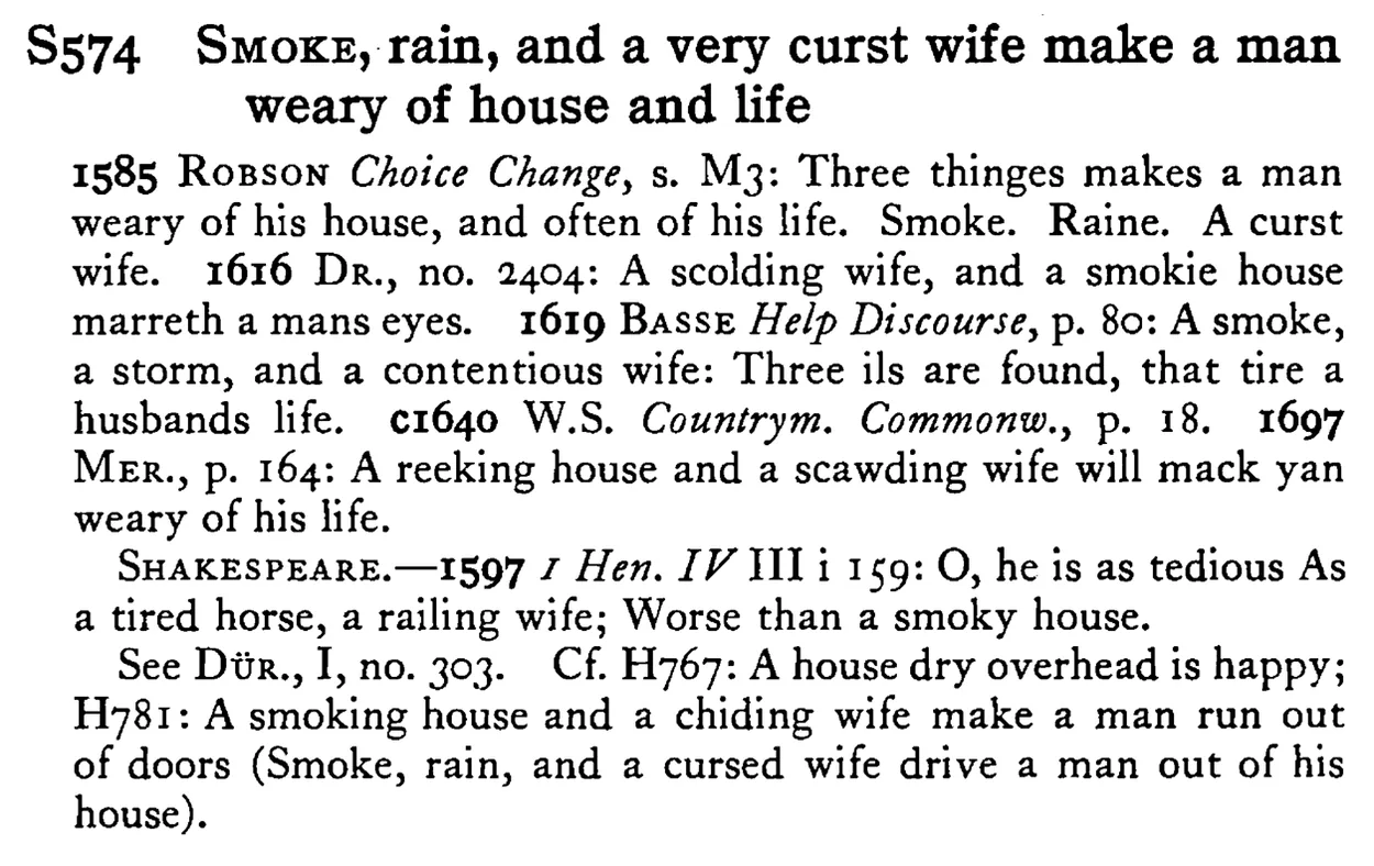 SMOKE, rain, and a very curst wife make a man weary of house and life - a scanned entry from Tilley's 1950 Dictionary of Proverbs.