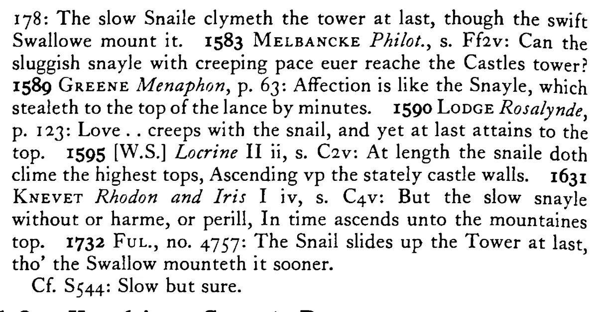 The SNAIL in time climbs up the castle's tower - a scanned entry from Tilley's 1950 Dictionary of Proverbs. (continuation)