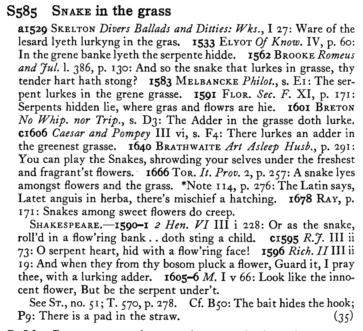 SNAKE in the grass - a scanned entry from Tilley's 1950 Dictionary of Proverbs.