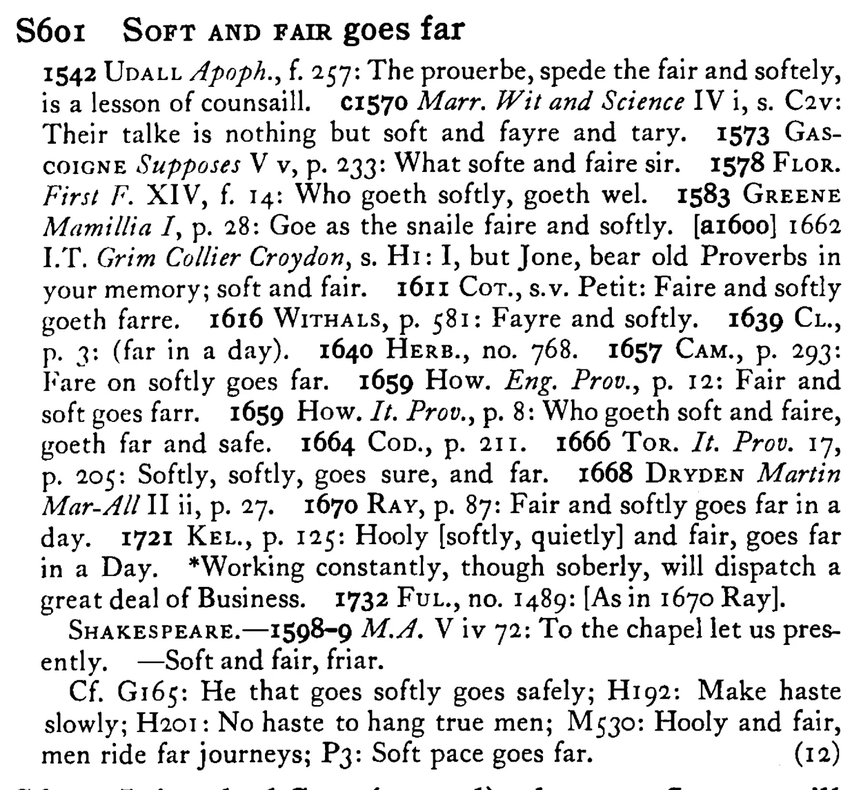SOFT AND FAIR goes far - a scanned entry from Tilley's 1950 Dictionary of Proverbs.