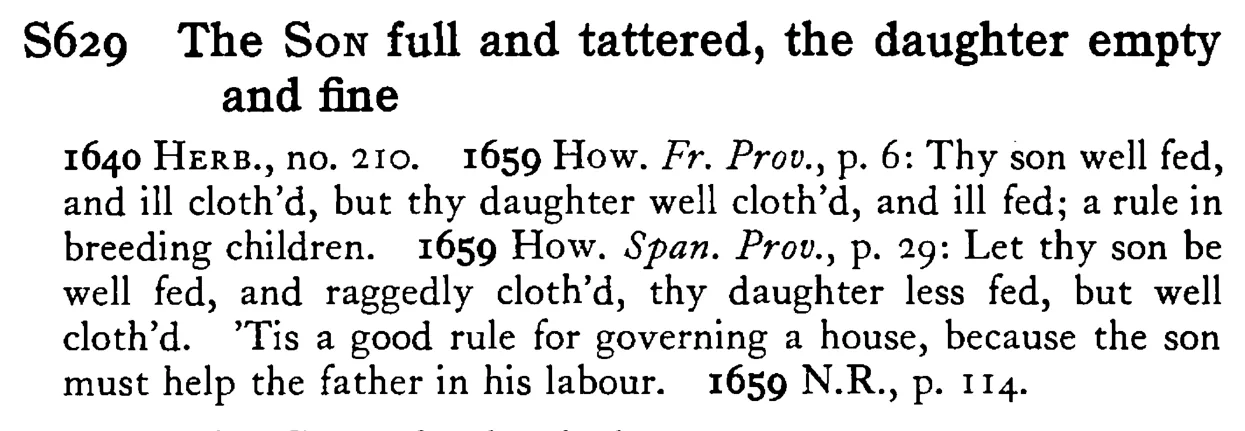 The SON full and tattered, the daughter empty and fine - a scanned entry from Tilley's 1950 Dictionary of Proverbs.
