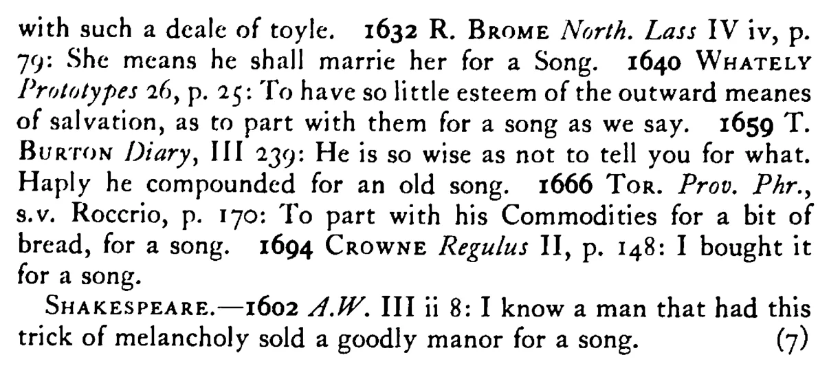 To sell (buy) it for a SONG - a scanned entry from Tilley's 1950 Dictionary of Proverbs. (continuation)