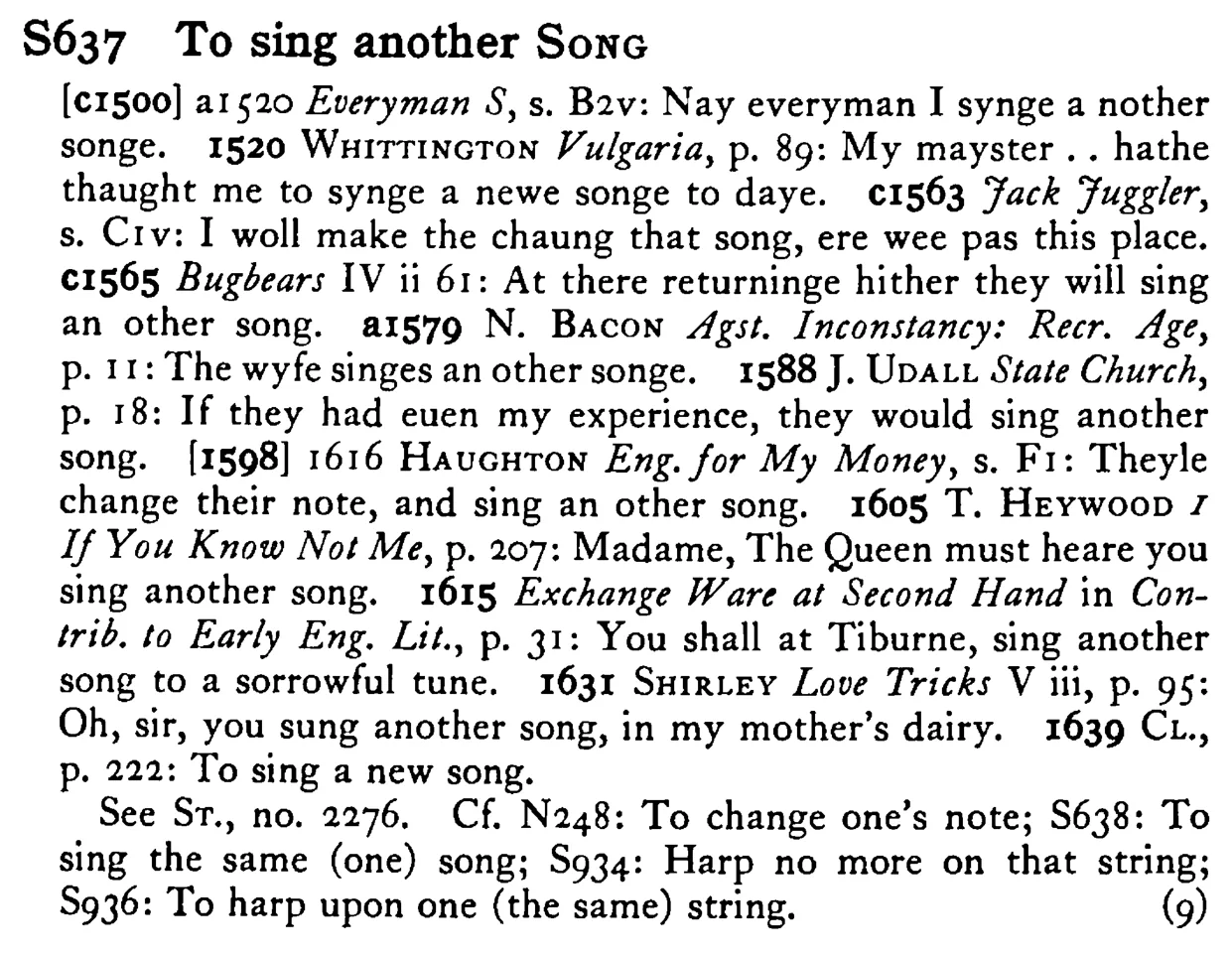 To sing another SONG - a scanned entry from Tilley's 1950 Dictionary of Proverbs.