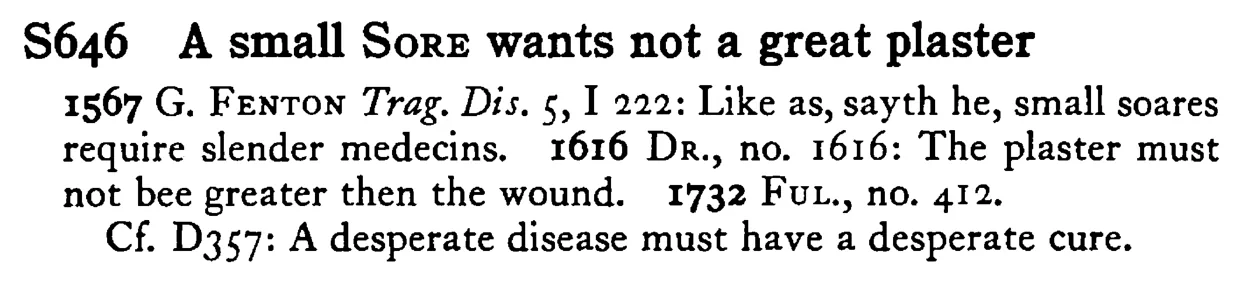 A small SORE wants not a great plaster - a scanned entry from Tilley's 1950 Dictionary of Proverbs.