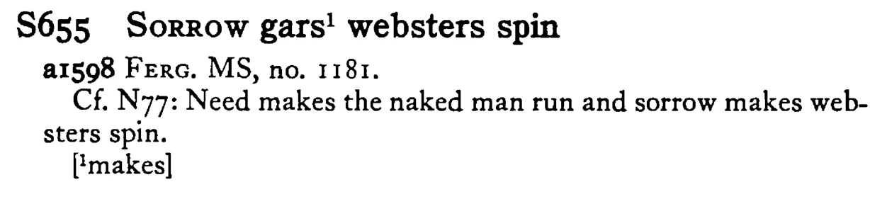 SORROW gars¹ websters spin - a scanned entry from Tilley's 1950 Dictionary of Proverbs.