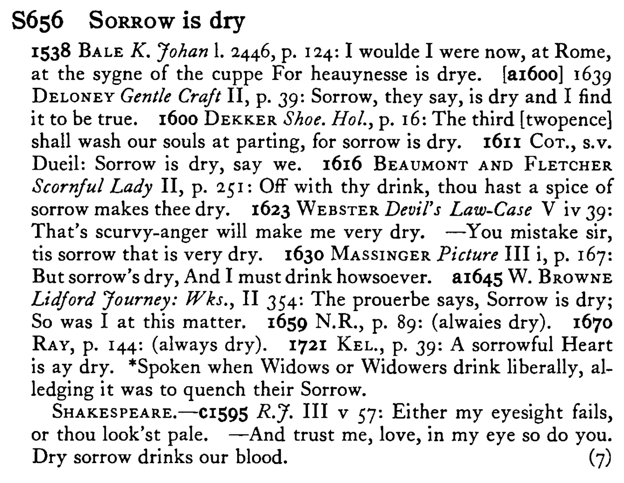 SORROW is dry - a scanned entry from Tilley's 1950 Dictionary of Proverbs.