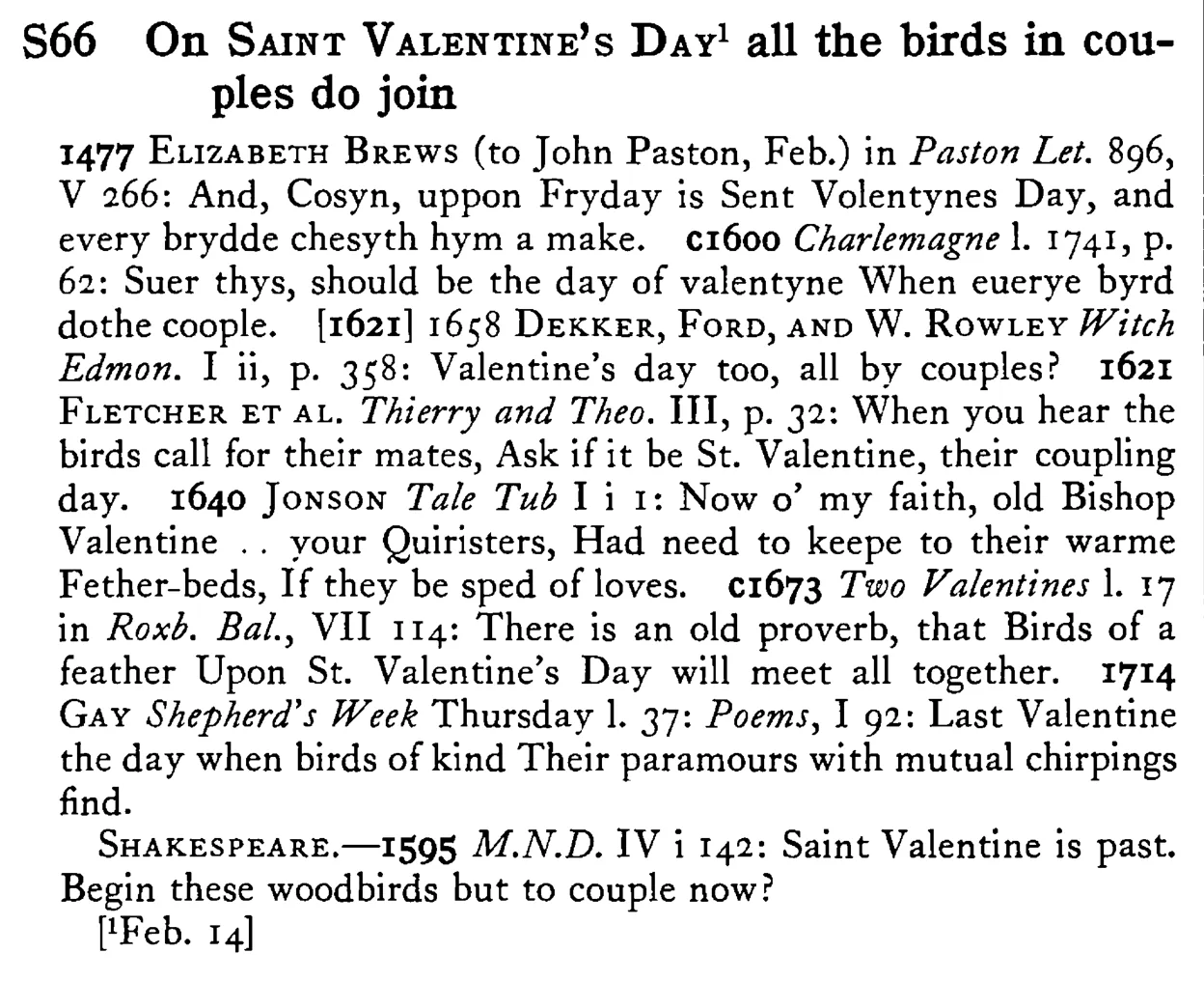 On SAINT VALENTINE's DAY¹ all the birds in couples do join - a scanned entry from Tilley's 1950 Dictionary of Proverbs.