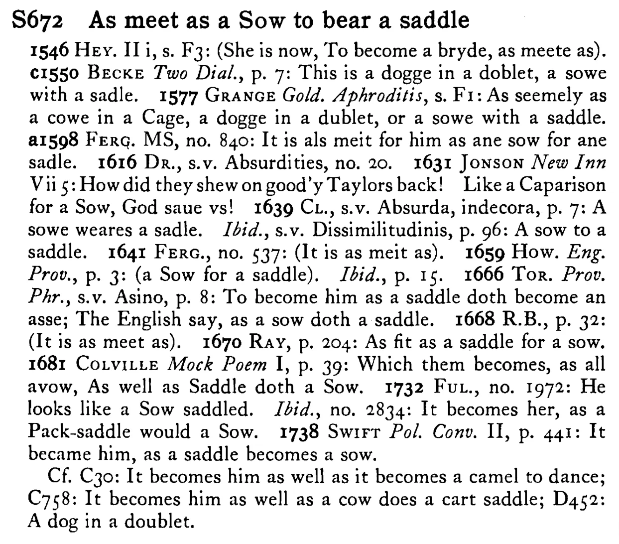 As meet as a SOW to bear a saddle - a scanned entry from Tilley's 1950 Dictionary of Proverbs.