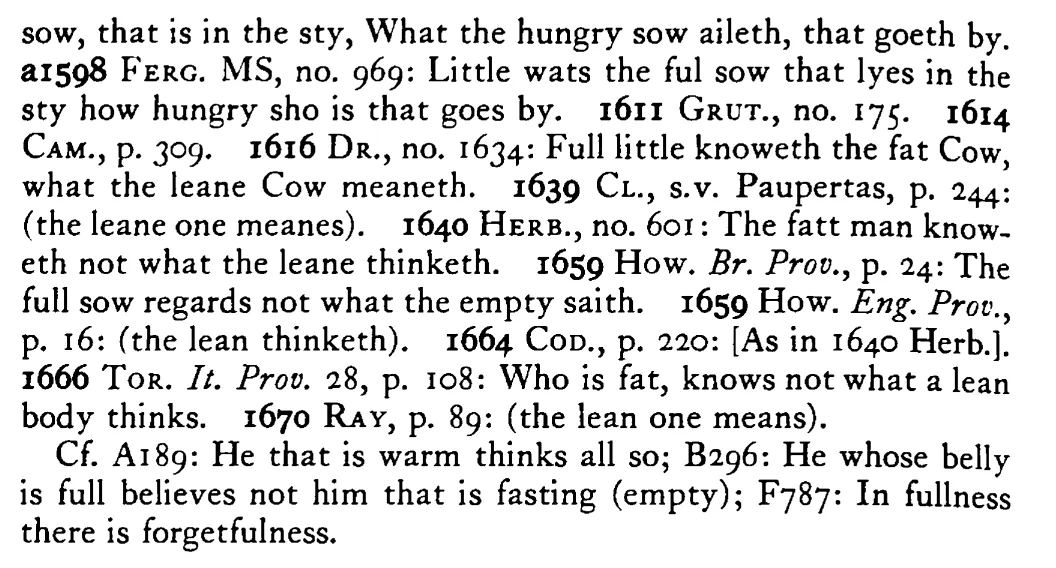 Little knows the fat SOW (man) what the lean does mean - a scanned entry from Tilley's 1950 Dictionary of Proverbs. (continuation)