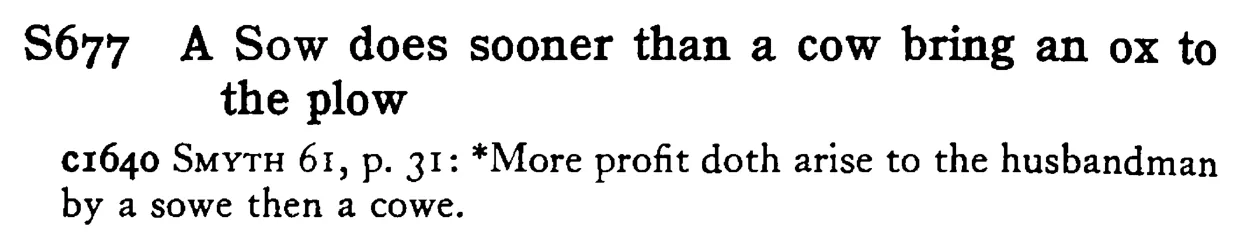 A SOW does sooner than a cow bring an ox to the plow - a scanned entry from Tilley's 1950 Dictionary of Proverbs.