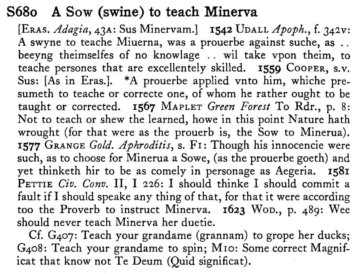 A SOW (swine) to teach Minerva - a scanned entry from Tilley's 1950 Dictionary of Proverbs.