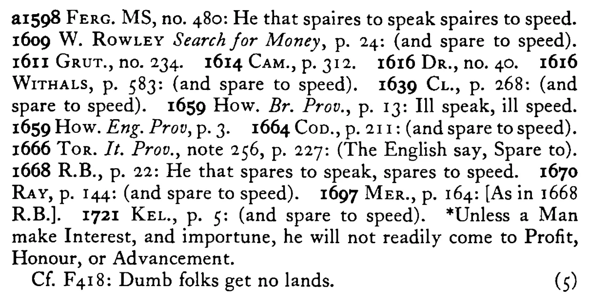 SPARE to speak spare to speed - a scanned entry from Tilley's 1950 Dictionary of Proverbs. (continuation)