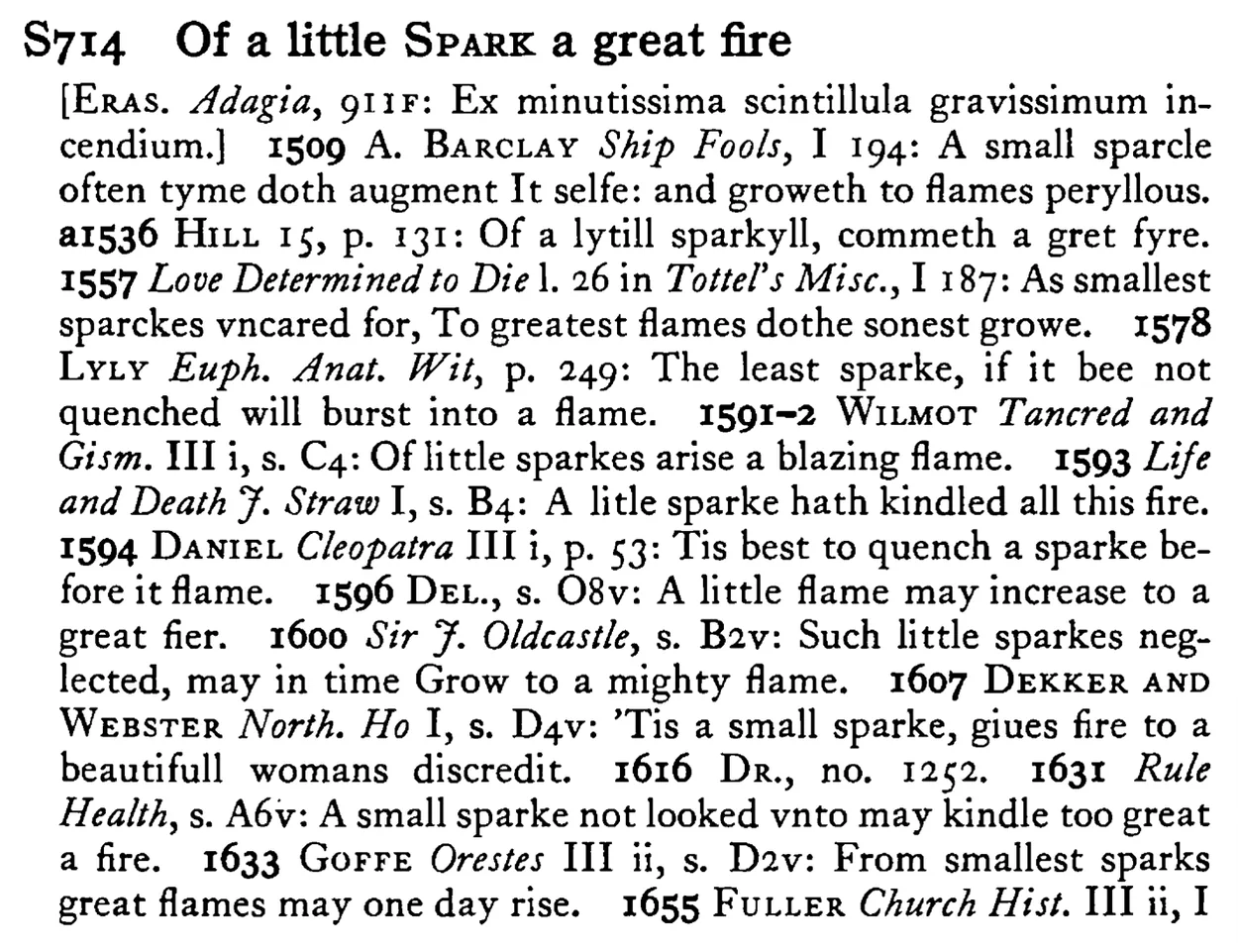 Of a little SPARK a great fire - a scanned entry from Tilley's 1950 Dictionary of Proverbs.