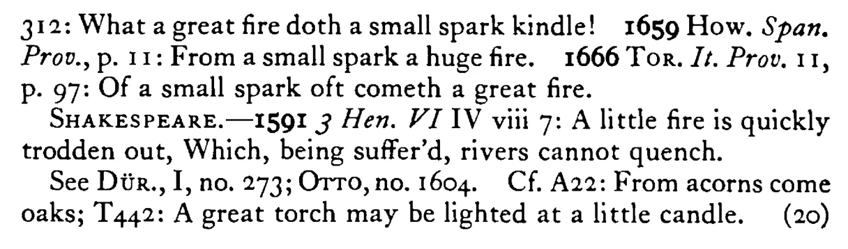 Of a little SPARK a great fire - a scanned entry from Tilley's 1950 Dictionary of Proverbs. (continuation)