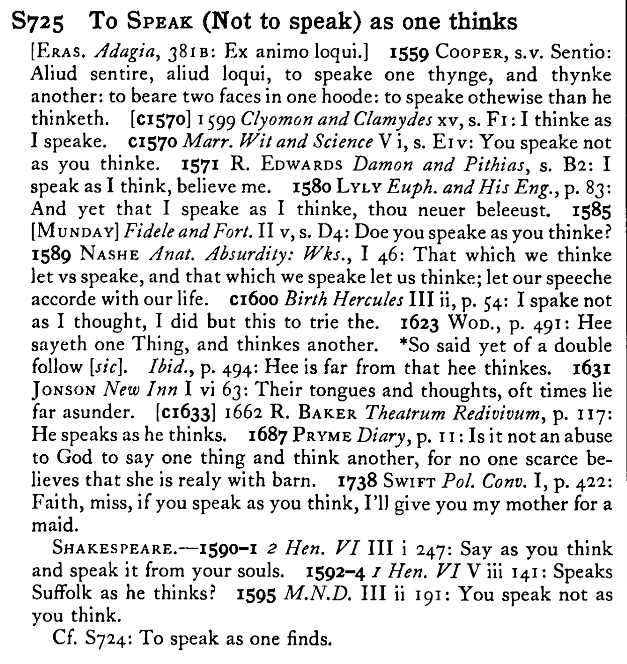 To SPEAK (Not to speak) as one thinks - a scanned entry from Tilley's 1950 Dictionary of Proverbs.
