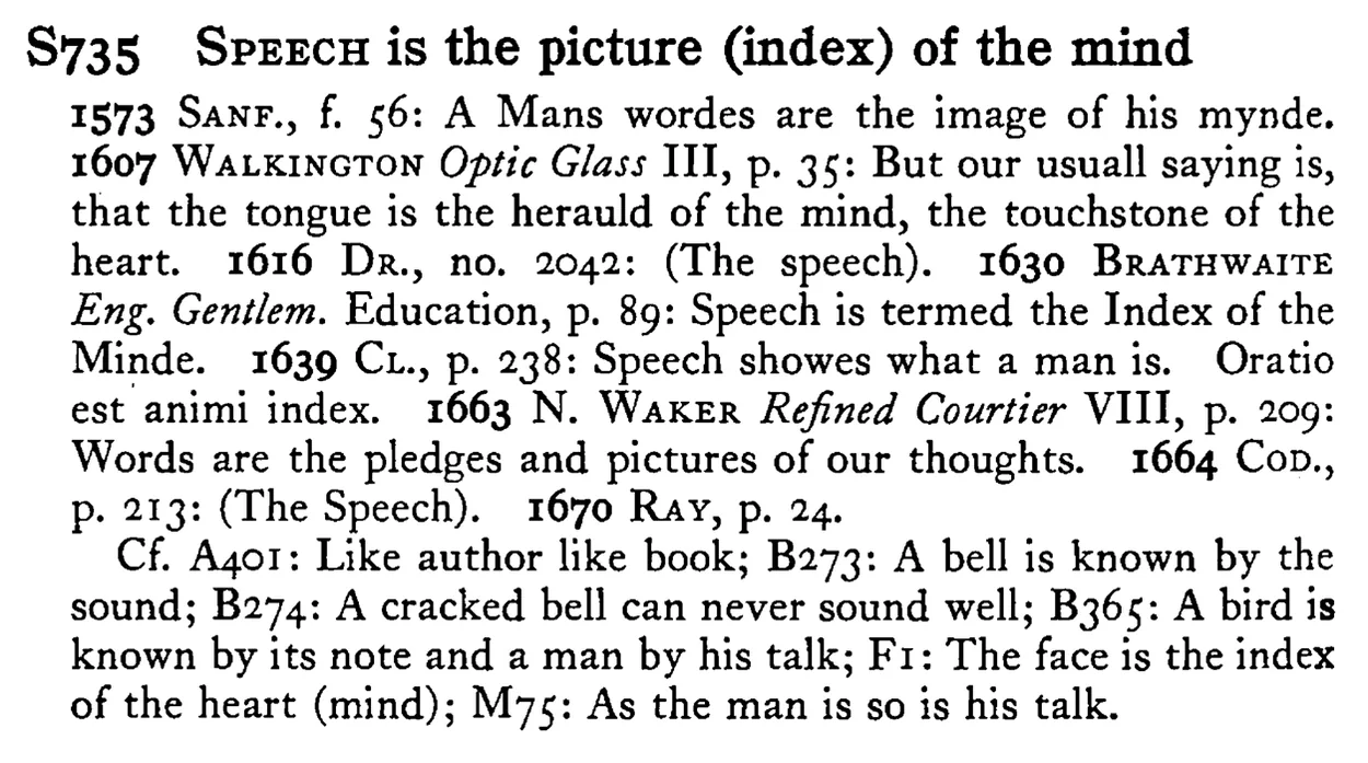 SPEECH is the picture (index) of the mind - a scanned entry from Tilley's 1950 Dictionary of Proverbs.