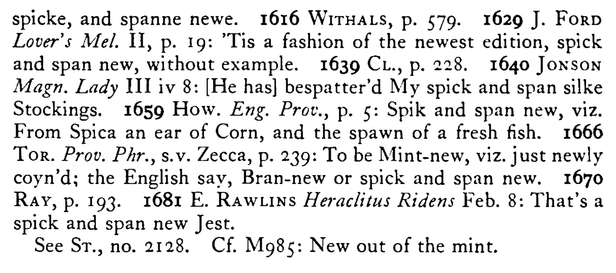 SPICK-AND-SPAN-NEW (Spick-and-span) - a scanned entry from Tilley's 1950 Dictionary of Proverbs. (continuation)