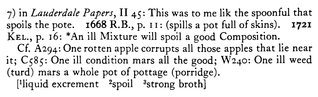A SPOONFUL of skitter¹ will spill² a potful of skink³ - a scanned entry from Tilley's 1950 Dictionary of Proverbs. (continuation)
