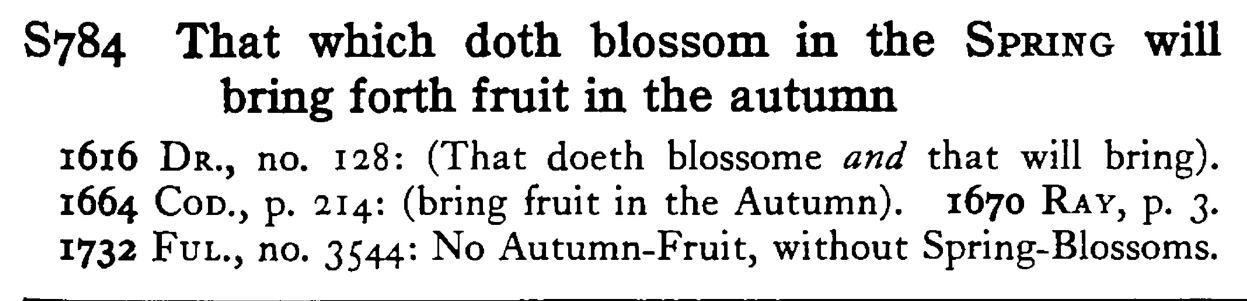 That which doth blossom in the SPRING will bring forth fruit in the autumn - a scanned entry from Tilley's 1950 Dictionary of Proverbs.