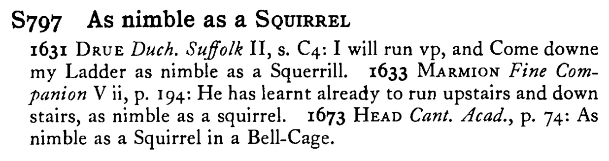 As nimble as a SQUIRREL - a scanned entry from Tilley's 1950 Dictionary of Proverbs.