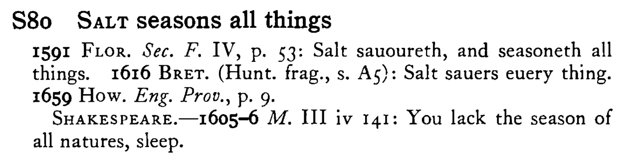 SALT seasons all things - a scanned entry from Tilley's 1950 Dictionary of Proverbs.