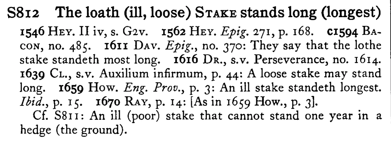 The loath (ill, loose) STAKE stands long (longest) - a scanned entry from Tilley's 1950 Dictionary of Proverbs.