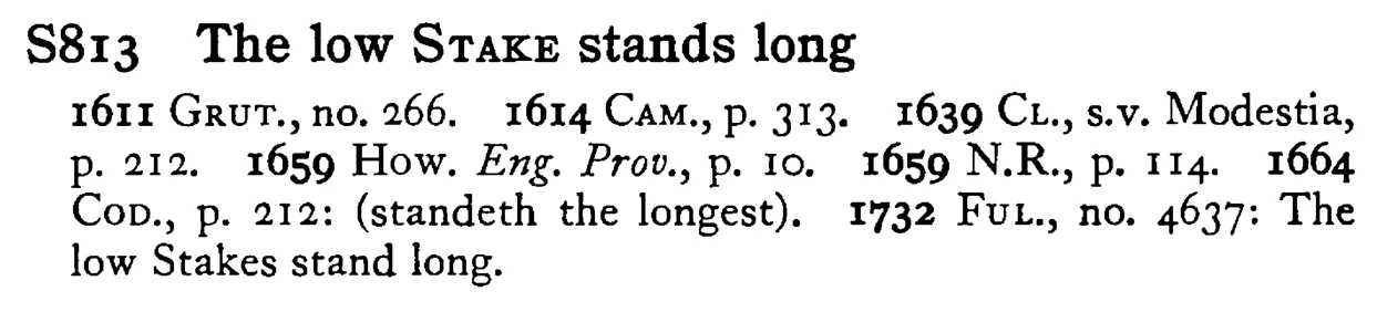 The low STAKE stands long - a scanned entry from Tilley's 1950 Dictionary of Proverbs.