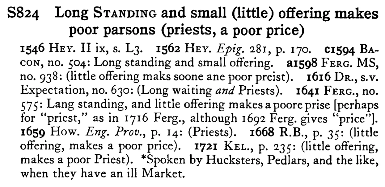 Long STANDING and small (little) offering makes poor parsons (priests, a poor price) - a scanned entry from Tilley's 1950 Dictionary of Proverbs.
